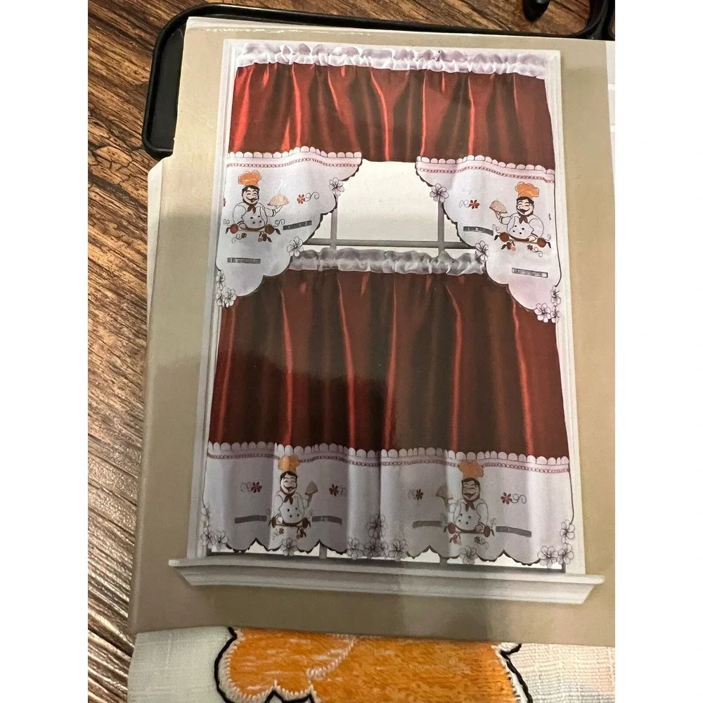 R H F Chef 3 Peace‎ Embroidery Kitchen Curtain Set 1 Valance 2 Tiers New